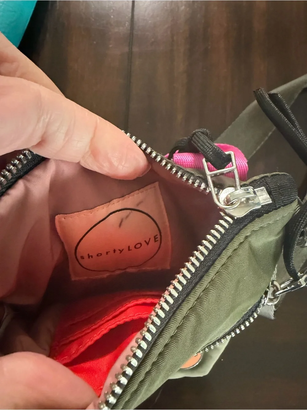 Olive Green Messenger Crossbody Bag with Pink Interior