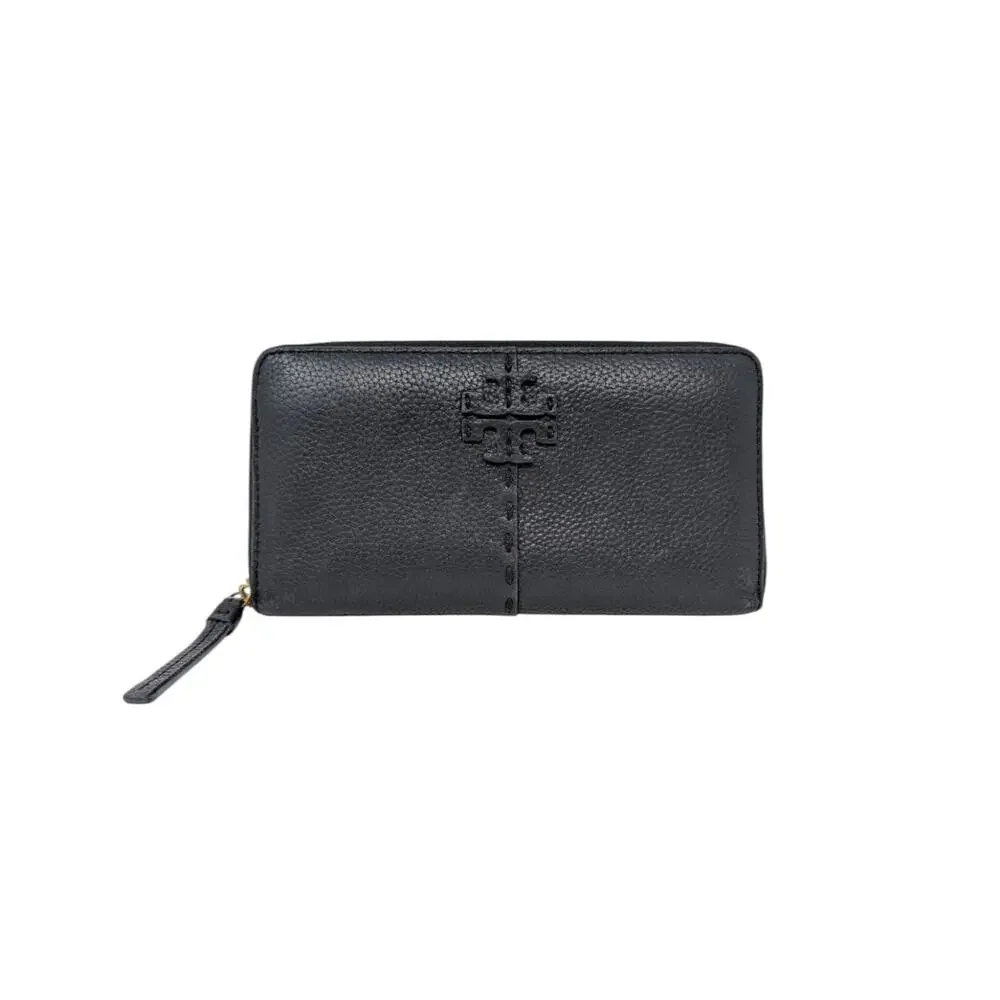Tory Burch Black Leather Zip Around Wallet Pebbled Logo Continental
