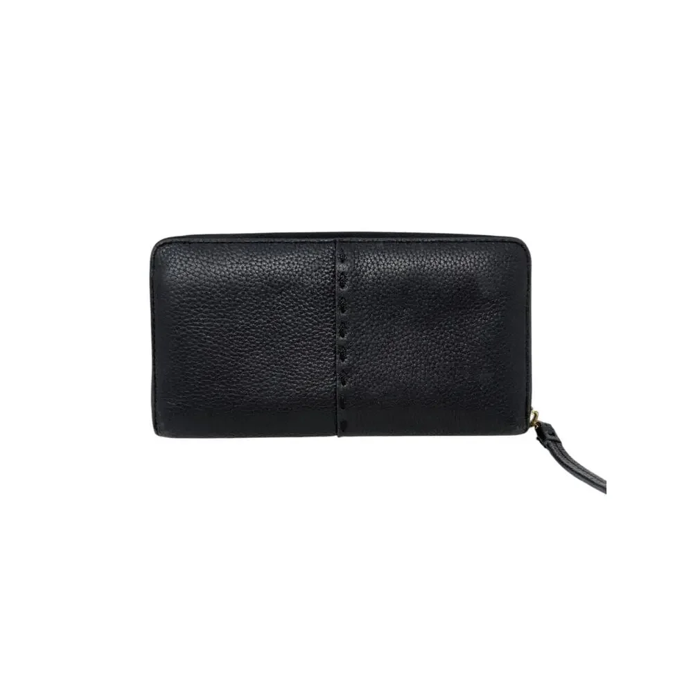 Tory Burch Black Leather Zip Around Wallet Pebbled Logo Continental