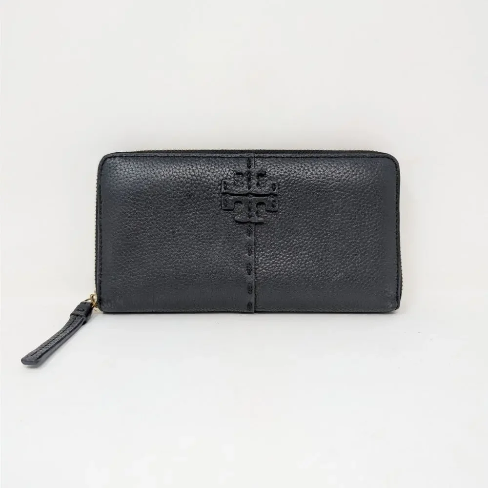 Tory Burch Black Leather Zip Around Wallet Pebbled Logo Continental