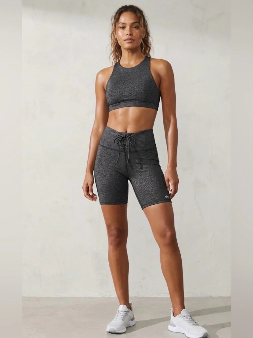 ALO Yoga Charcoal Glitter Tie High Waist Lace Up Bike Shorts