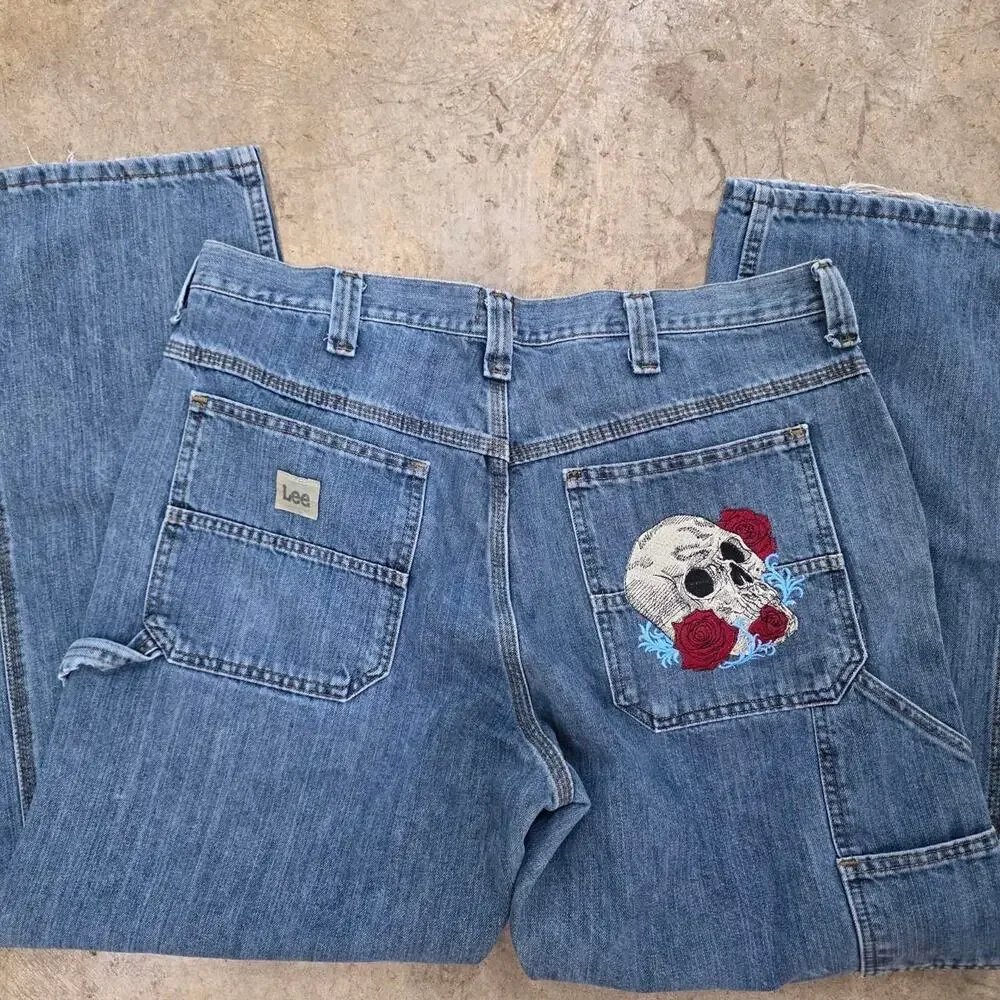 Custom Vintage Rose and Skull Lee Denim Jeans (38x32)