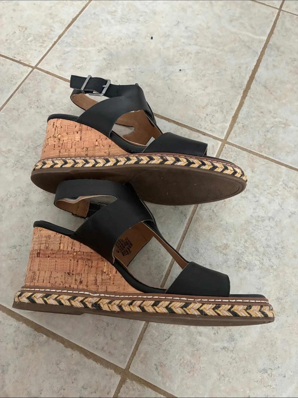 Crown Vintage Black Leather Wedge Sandals with Ankle Buckle