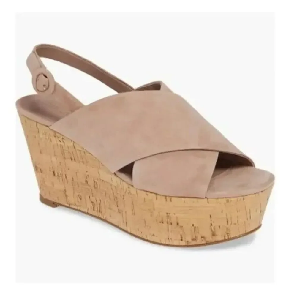 Diane von Furstenberg Juno Suede Slingback Wedge Sandals Beige Women's Size 10 M