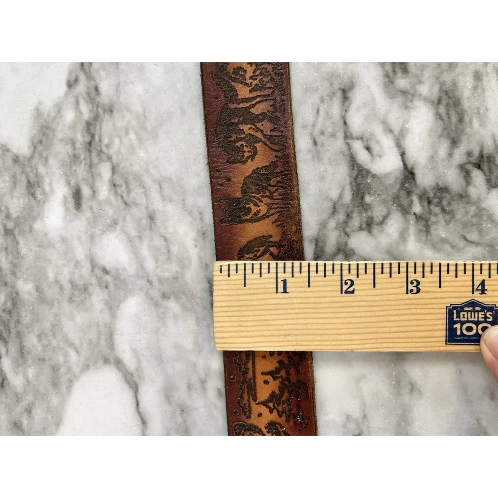 Tooled Vtg Leather Belt Wolf Feathers Moon Trees Brown Western Cowboy Rodeo