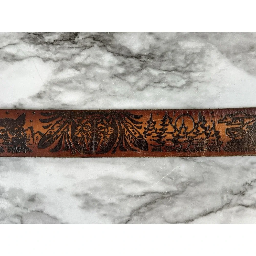 Tooled Vtg Leather Belt Wolf Feathers Moon Trees Brown Western Cowboy Rodeo