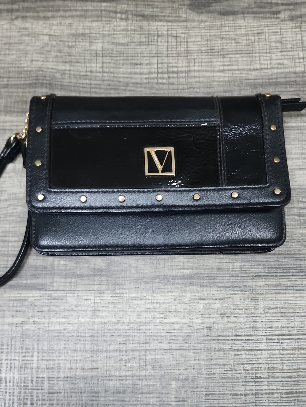 Victorias Secret Black Stud-Trim Wristlet with Gold V Logo