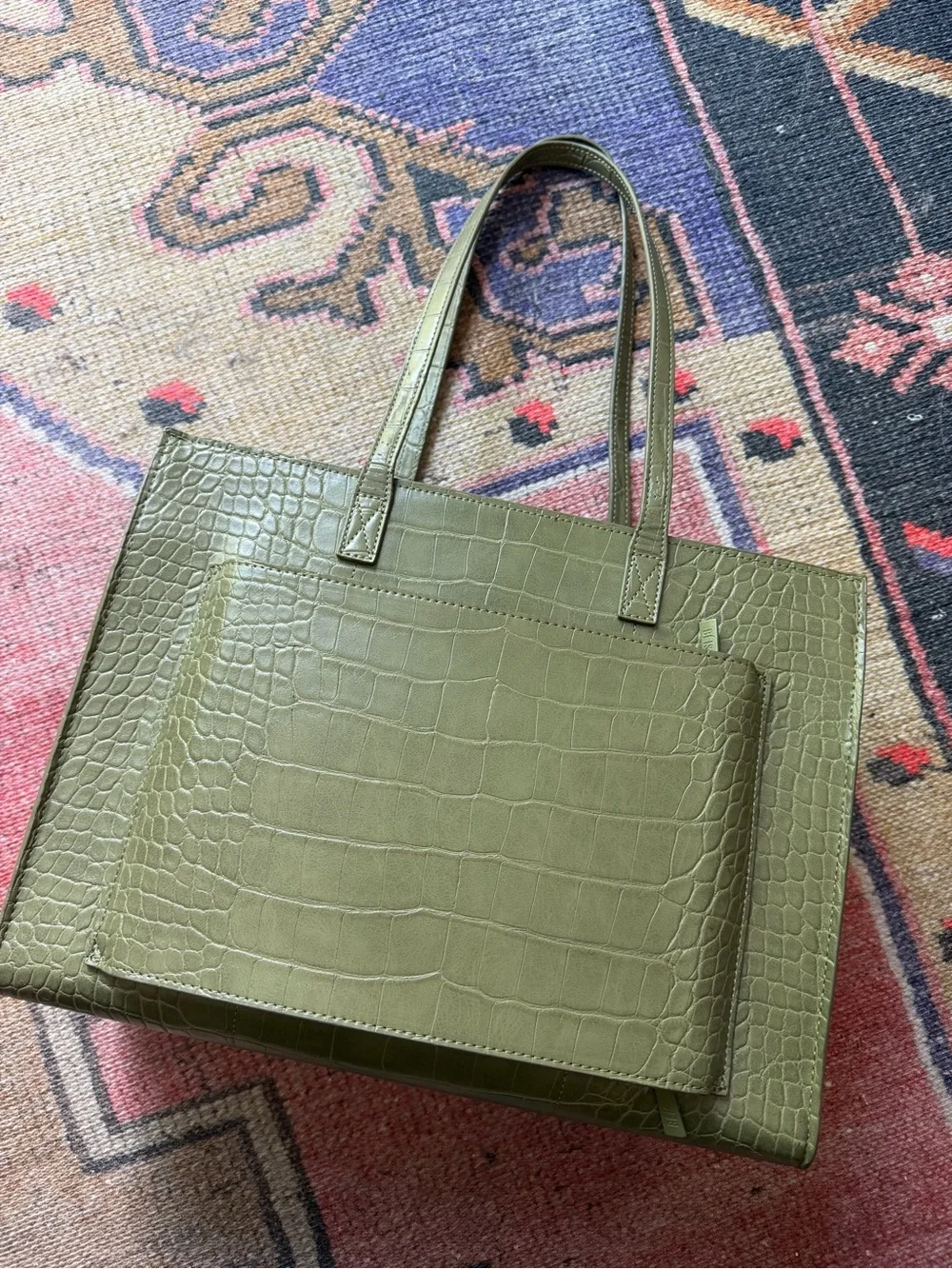 BEIS Olive Green Croc-Embossed Work Tote