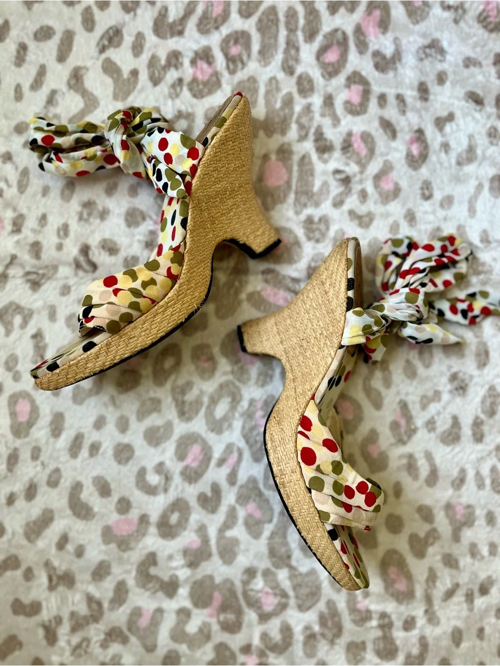 Retro Nine West Cream Espadrille Wedges with Red, Black and Olive Polka Dots