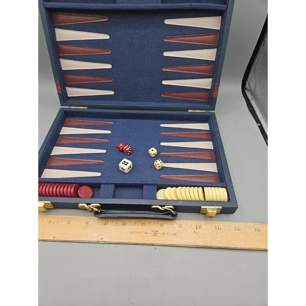 Vintage Style Backgammon Travel Set Blue Navy Case Dice Chips Folding Board