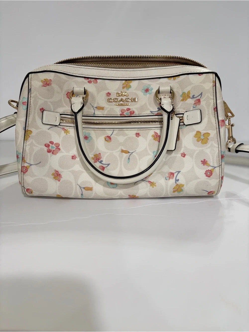 Coach Floral Cream Signature Dome Satchel with Gold Accents