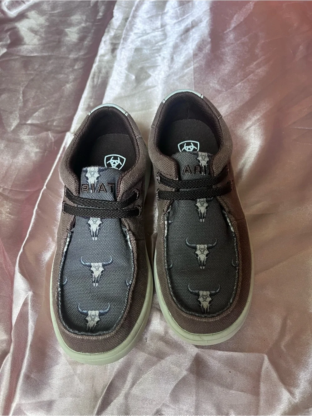 Ariat Brown Canvas Kids Slip-On Sneakers with Longhorn Print