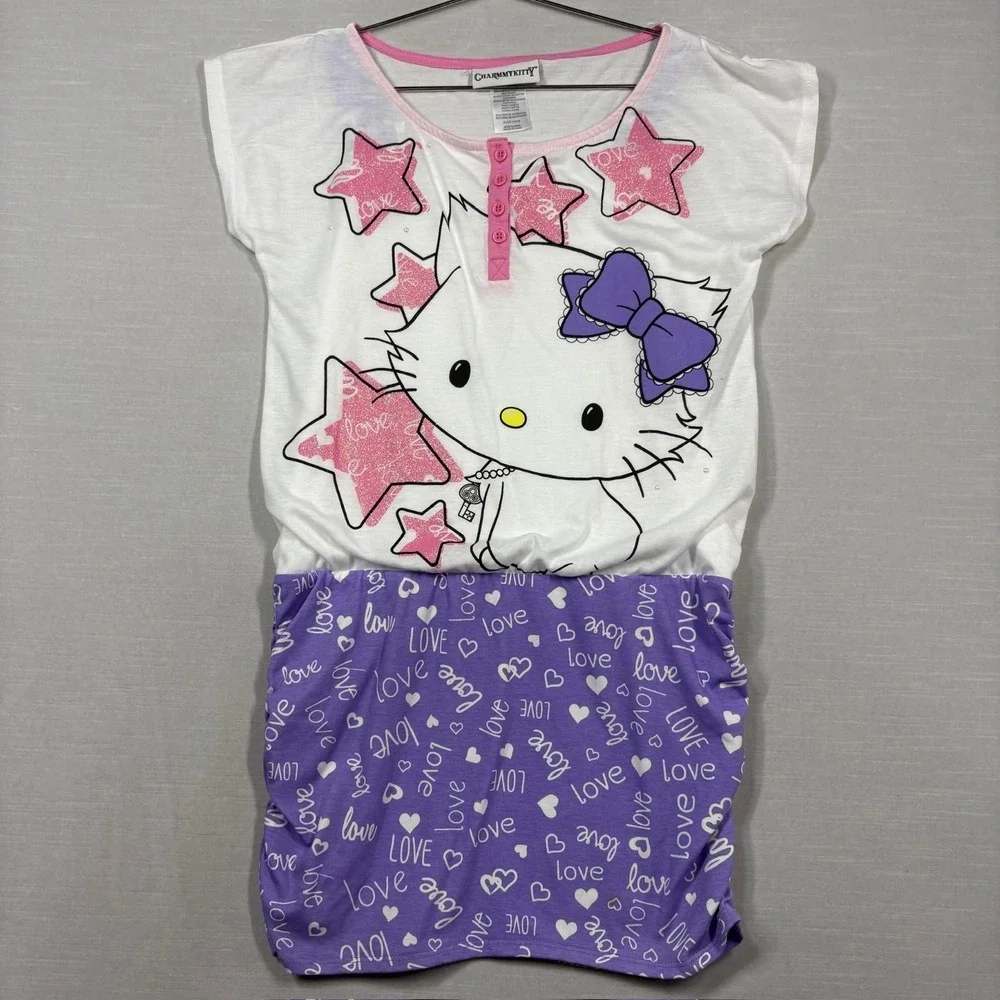 Charmmy‎ Kitty Shirt Dress Girls XL 14-16 Purple White Henley KMart READ