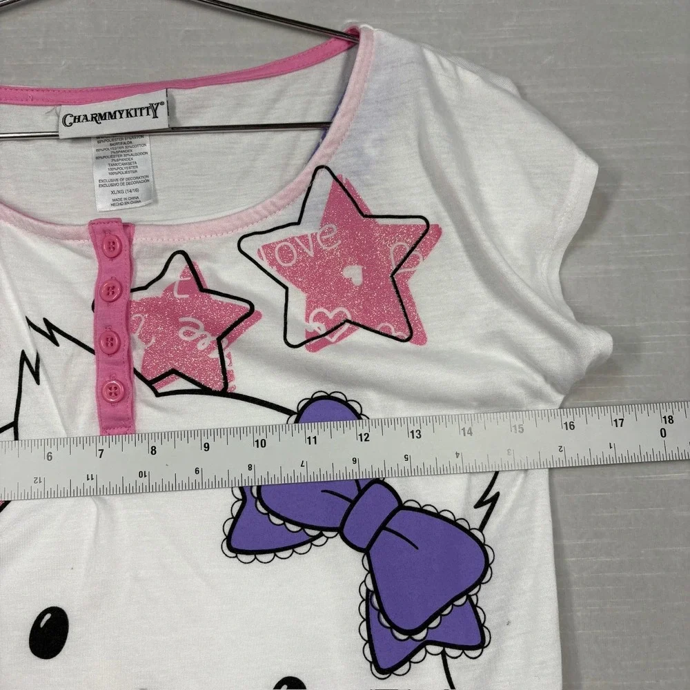 Charmmy‎ Kitty Shirt Dress Girls XL 14-16 Purple White Henley KMart READ
