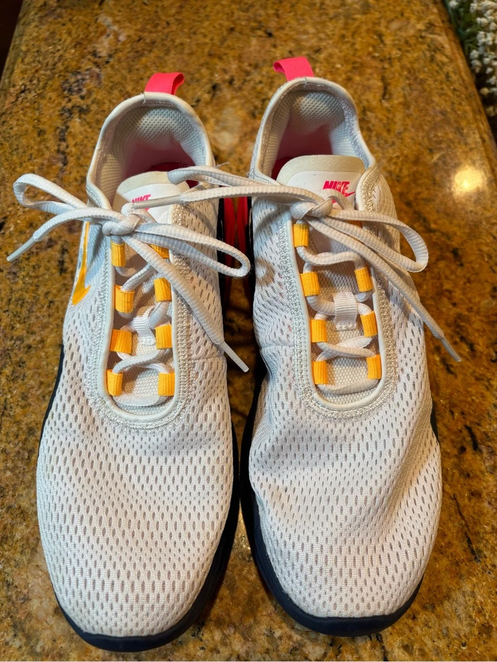 Nike White Mesh Sneakers with Pink Tabs & Yellow Lace Loops