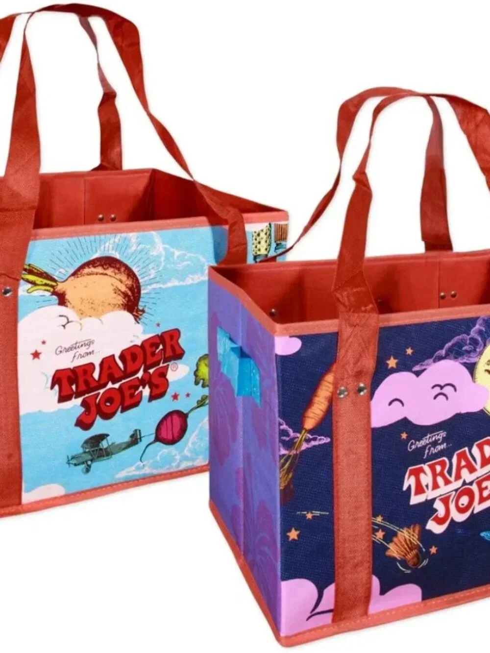 Trader Joe's Colorful Grocery Collectible Tote Bag Set of 2