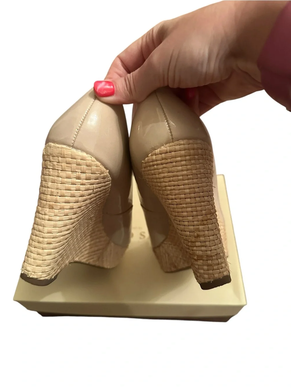 Women’s Franco Sarto Nude Patent Peep-Toe Wedge Heels Size 9M