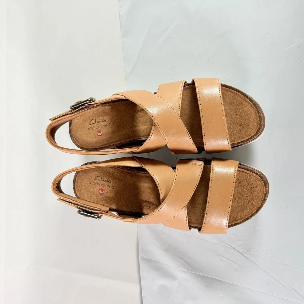 Clarks Lizby Cross Sandal Women 8 Sand Leather Platform Wedge New In Box