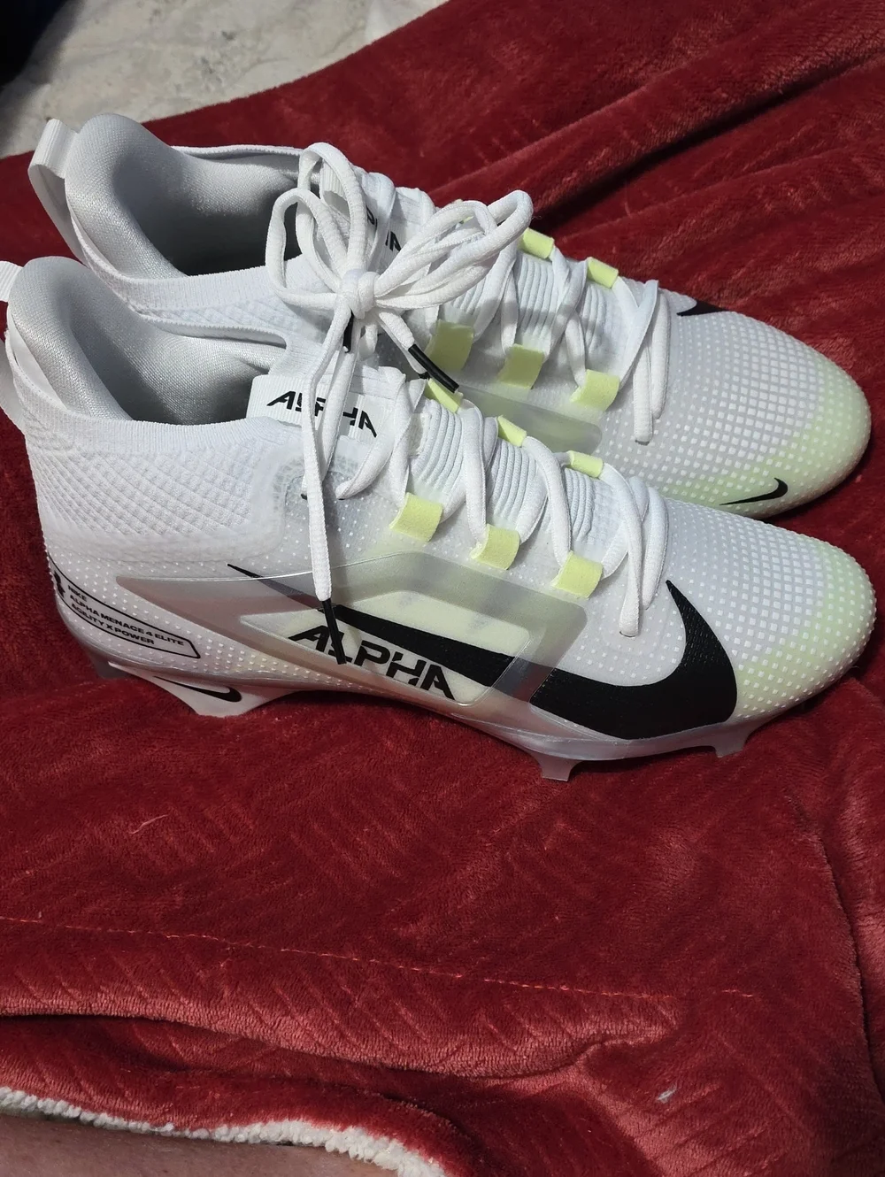 Nike White Alpha Football Cleats with Black Swoosh and Lime Accents