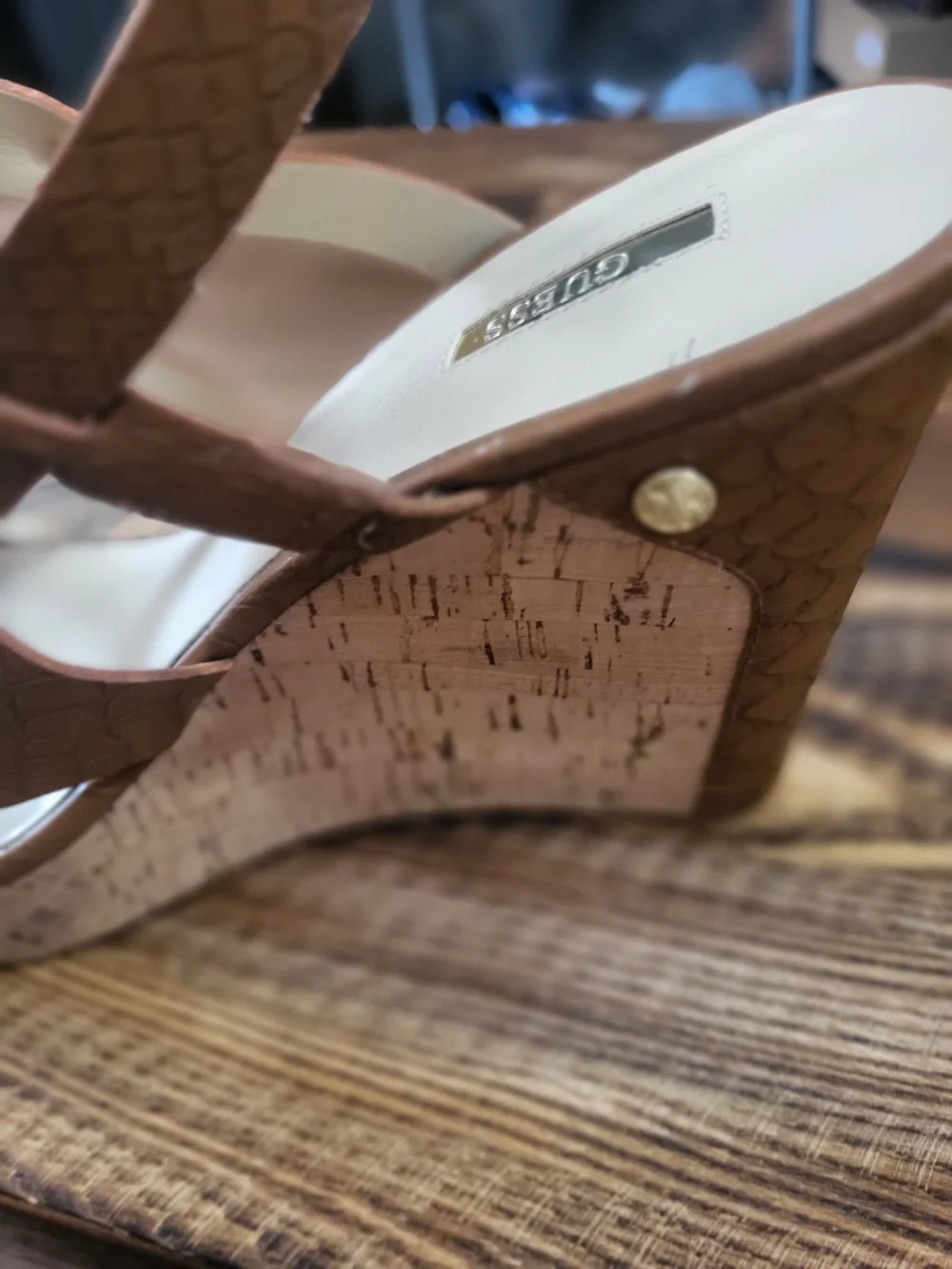 GUESS: Brown Faux-Croc Wedge Sandals with Cork Heel
