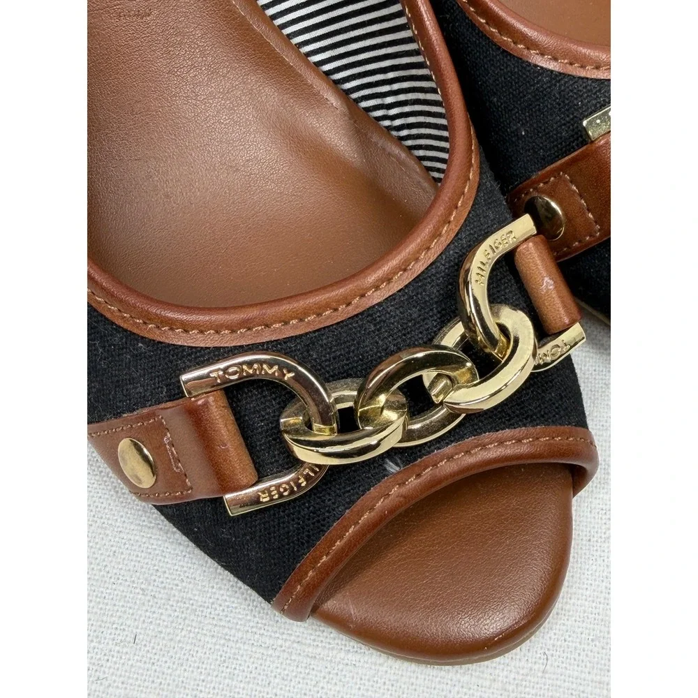 Tommy Hilfiger Canvas Horsebit Cork Wedge Peep Toe Heels Black Brown Sz 6.5 NWOB