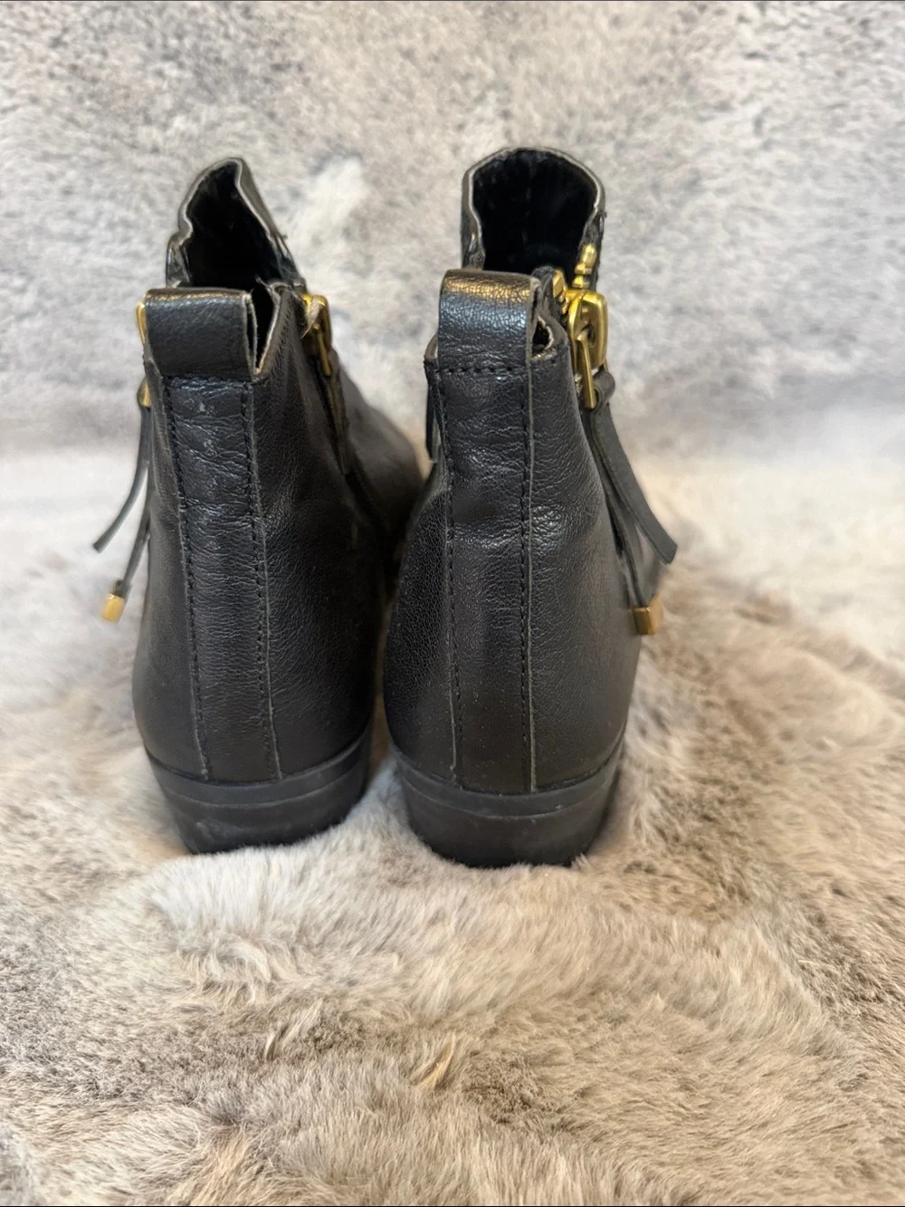 Franco Sarto Black Leather Chukka Boots with Gold Zip Accent