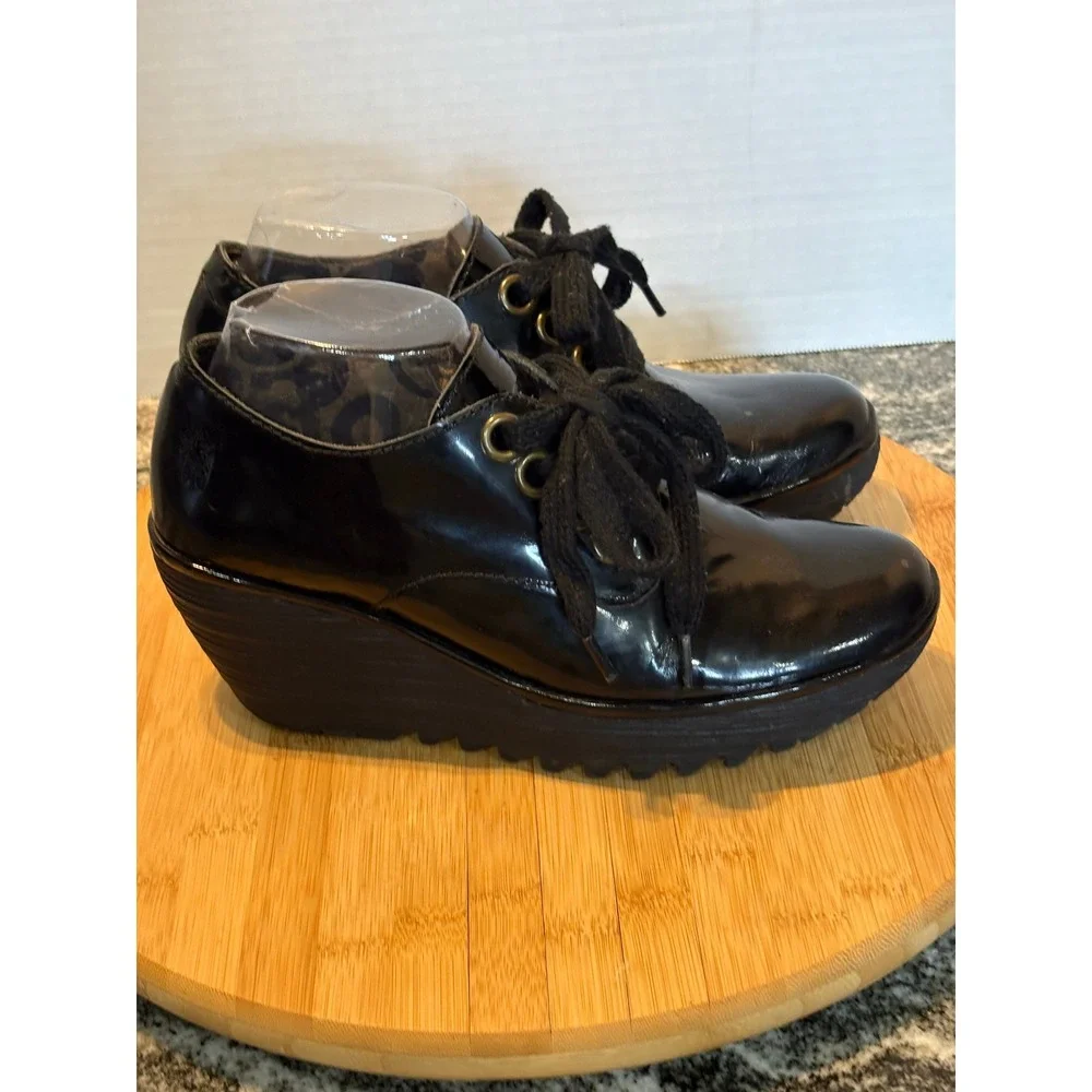 Fly London Yala Black Patent Leather Lace  Wedge Platform Oxfords P500324011 40