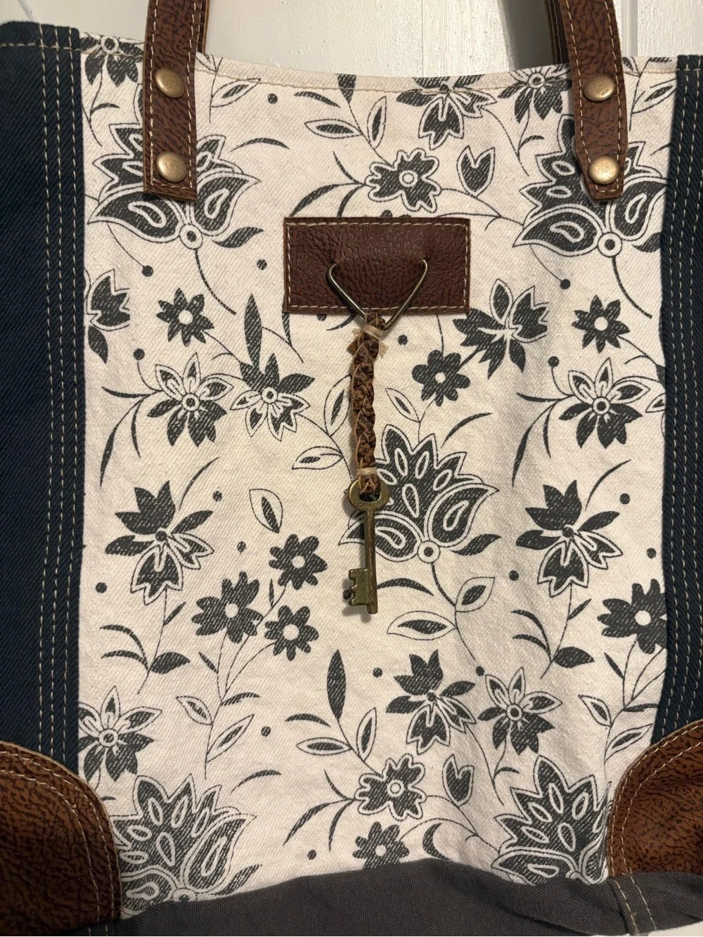 Myra Canvas Floral Tote Bag with Brown Leather Accents