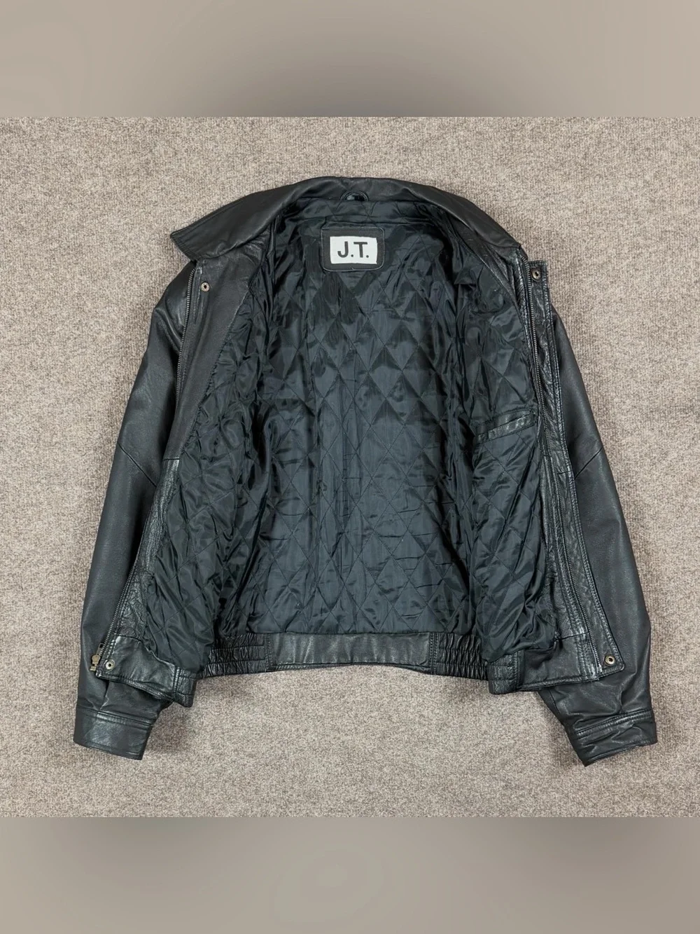Vintage J.T. Black Genuine Leather Bomber Jacket Men’s Size Large Full Zip 90s