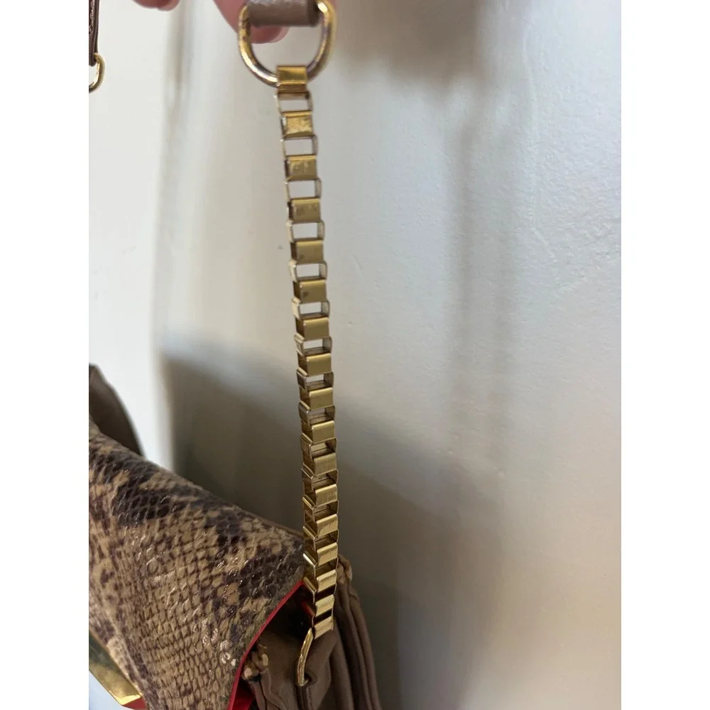 Gianni Bini Crossbody Bag Tan Snakeskin Neon Pink Gold Chain Strap Womens