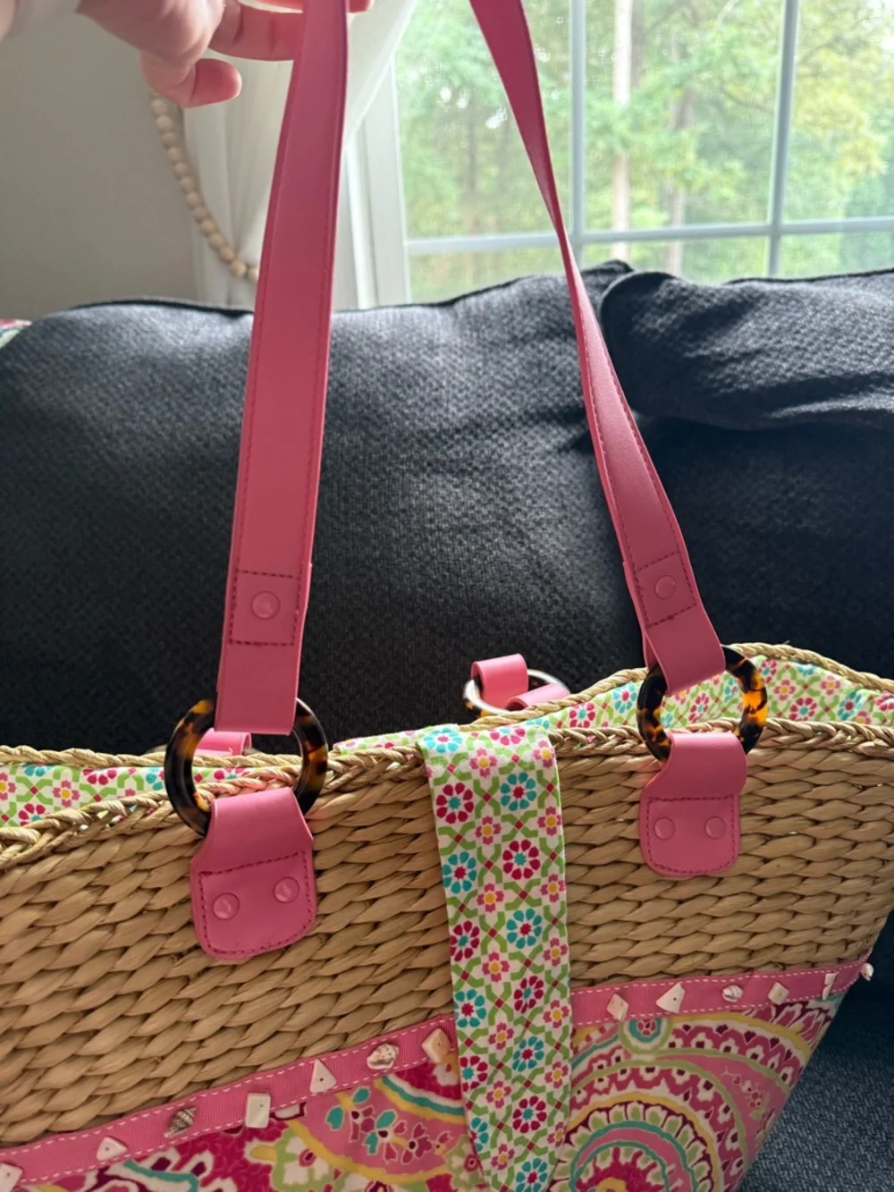 Vera Bradley Pink Paisley Straw Tote with Multicolor Trim
