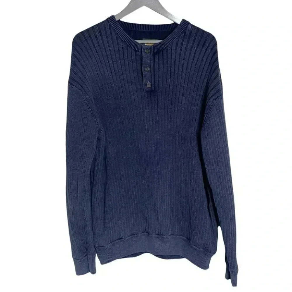 Cabela's men's L distressed blue ribbed Henley sweaters Preppy‎ Business casual
