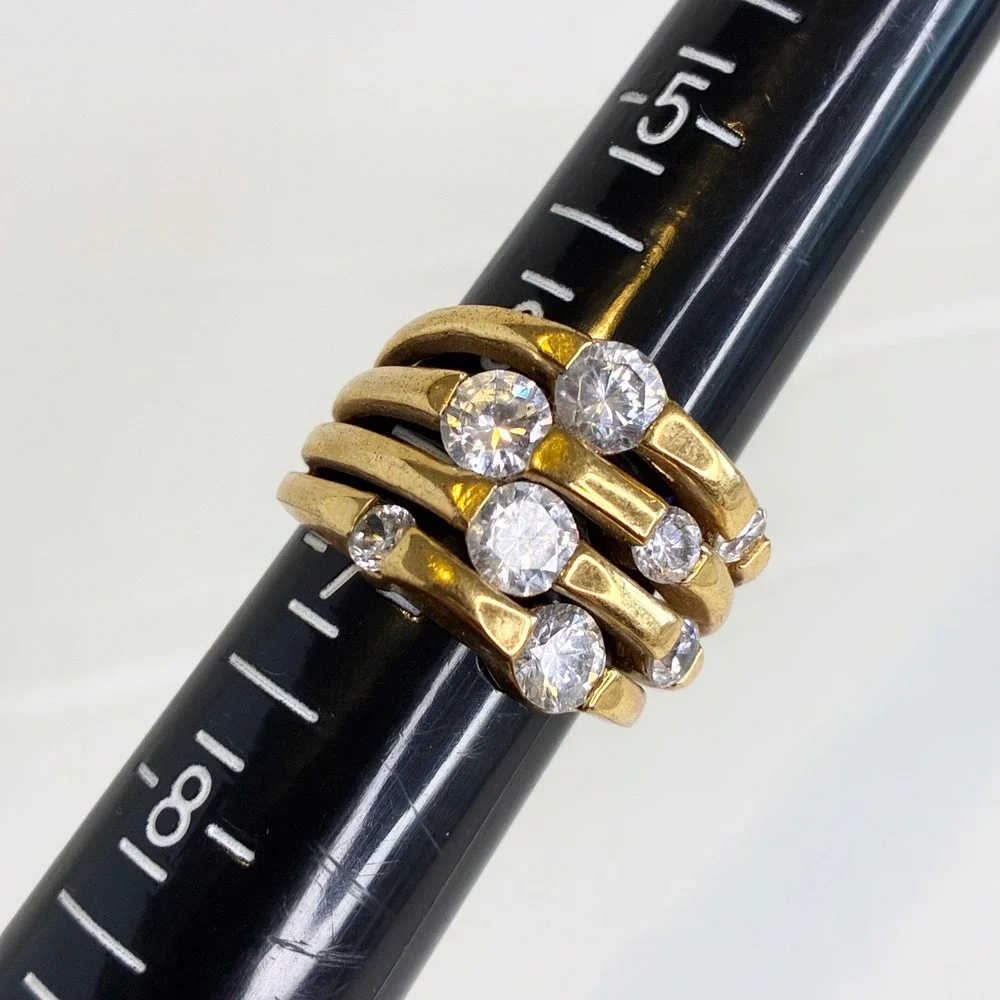 Vintage Ring Gold Tone Chunky Clear Stone Statement Multi Row Tiered Size 6.5