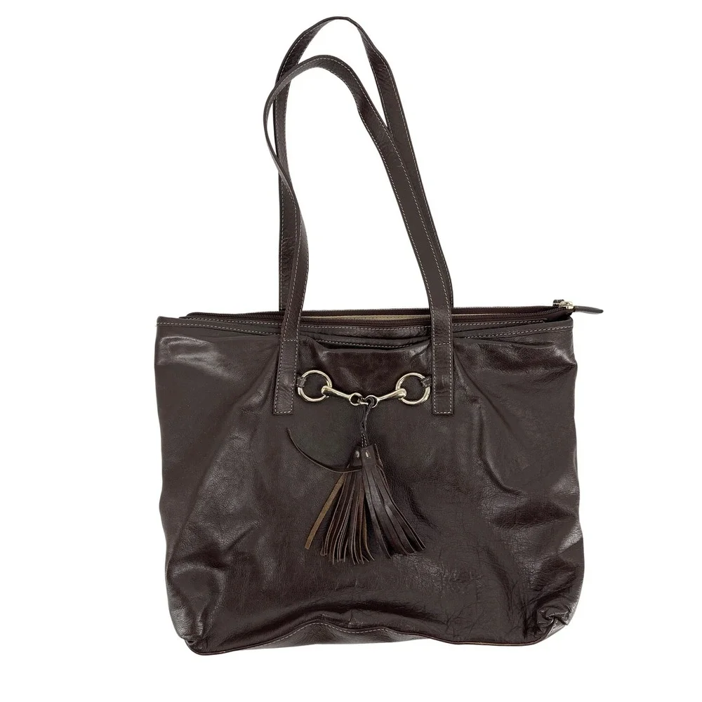 Claudia Firenze Brown Italian Vintage Leather Horsebit‎ Tassel Tote Shoulder Bag