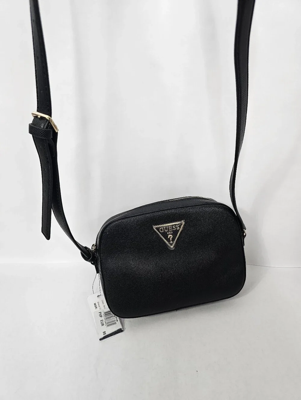 GUESS Black Carys Saffiano Camera Crossbody Bag Faux Vegan Leather NEW
