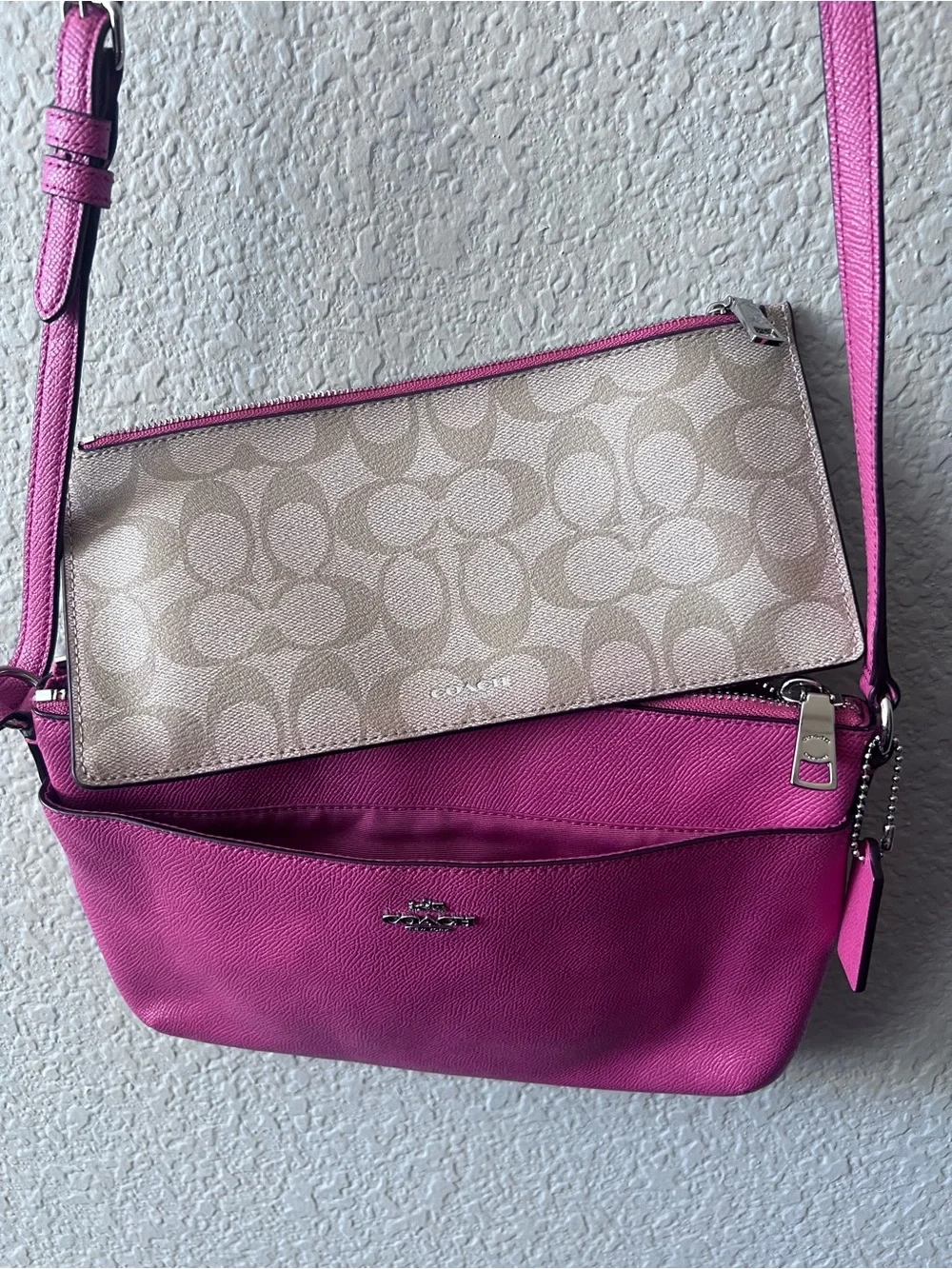 Coach F57788 Bright Fuschia/Saddle CRSGN LTH EW POP Crossbody w/matching wallet