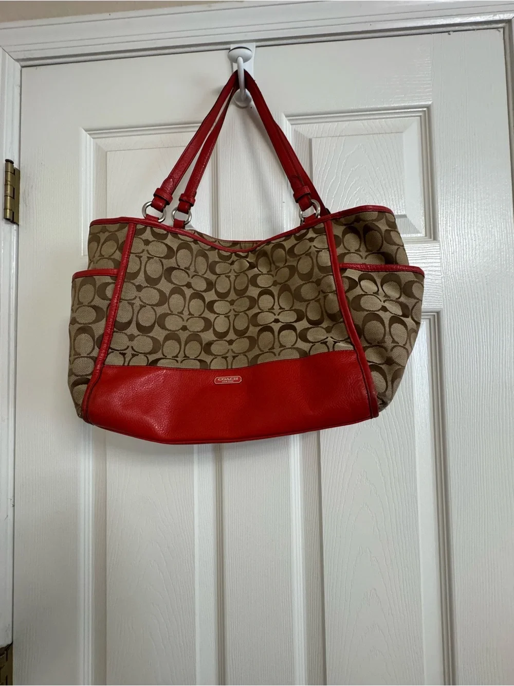 Coach Brown Signature Canvas Tote with Orange Leather Trim