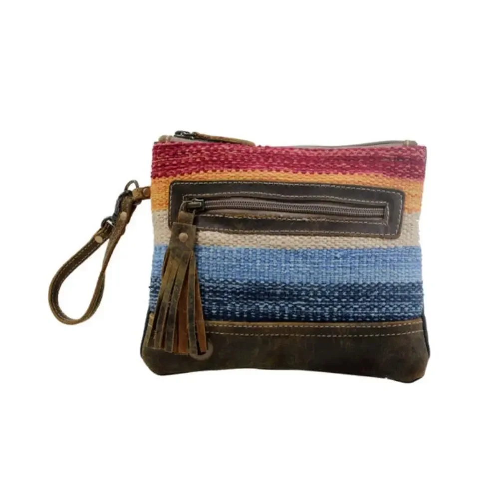 NWT Boutique Western Multi Striped Woven and Leather Tassel Pouch