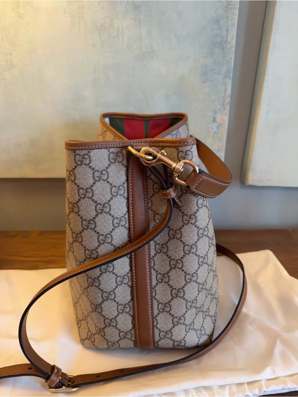 Gucci Beige GG Supreme Canvas Shoulder Bag with Brown Leather Trim