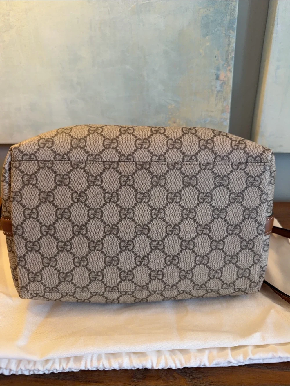 Gucci Beige GG Supreme Canvas Shoulder Bag with Brown Leather Trim