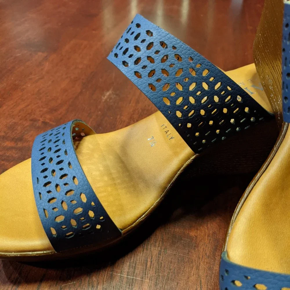 Italian Shoemakers blue laser cut slip on strap wedge sandals 7.5
