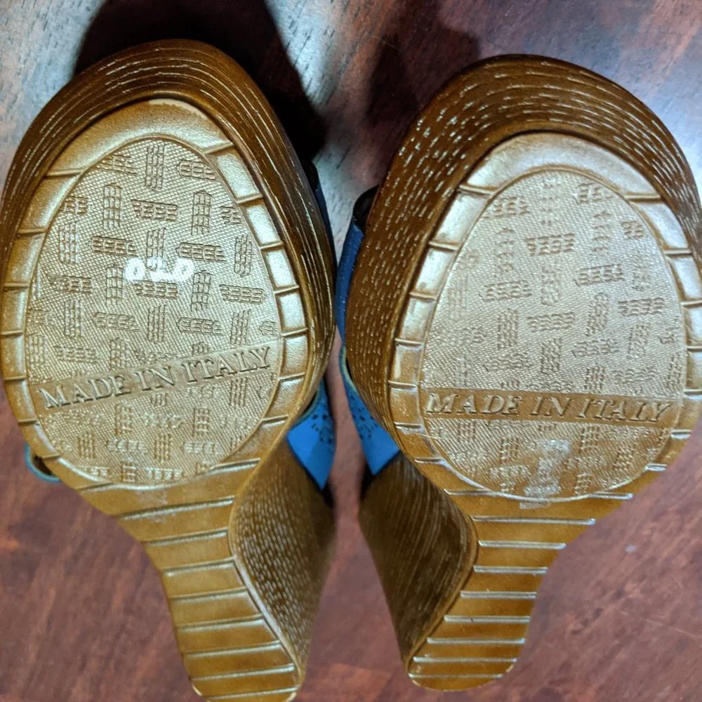 Italian Shoemakers blue laser cut slip on strap wedge sandals 7.5