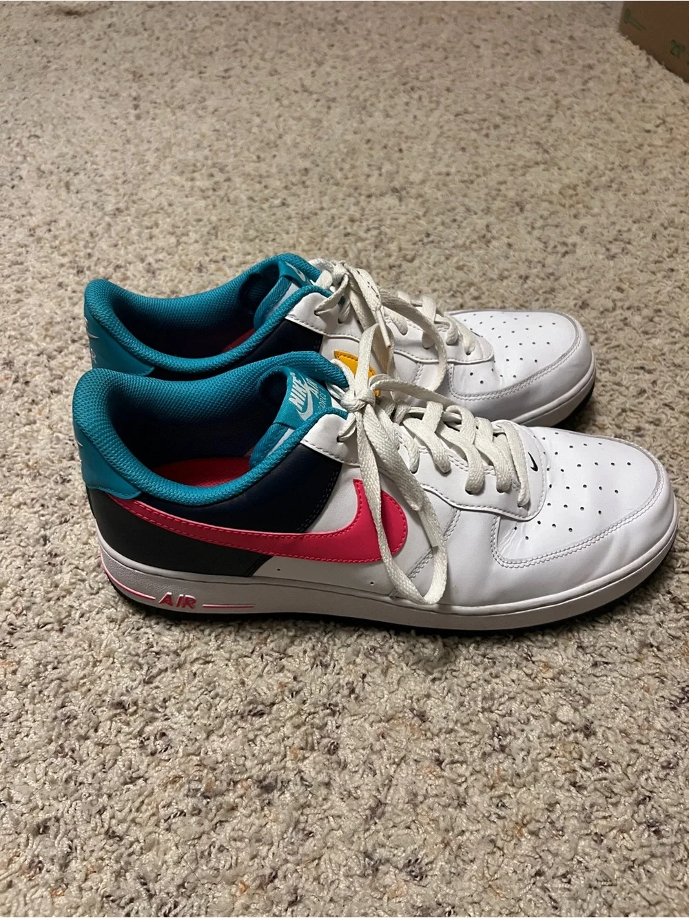 Nike Low-Top Air Force 1 - White with Pink & Yellow Swooshes, Teal Lining