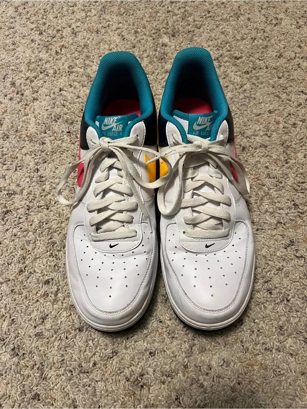 Nike Low-Top Air Force 1 - White with Pink & Yellow Swooshes, Teal Lining