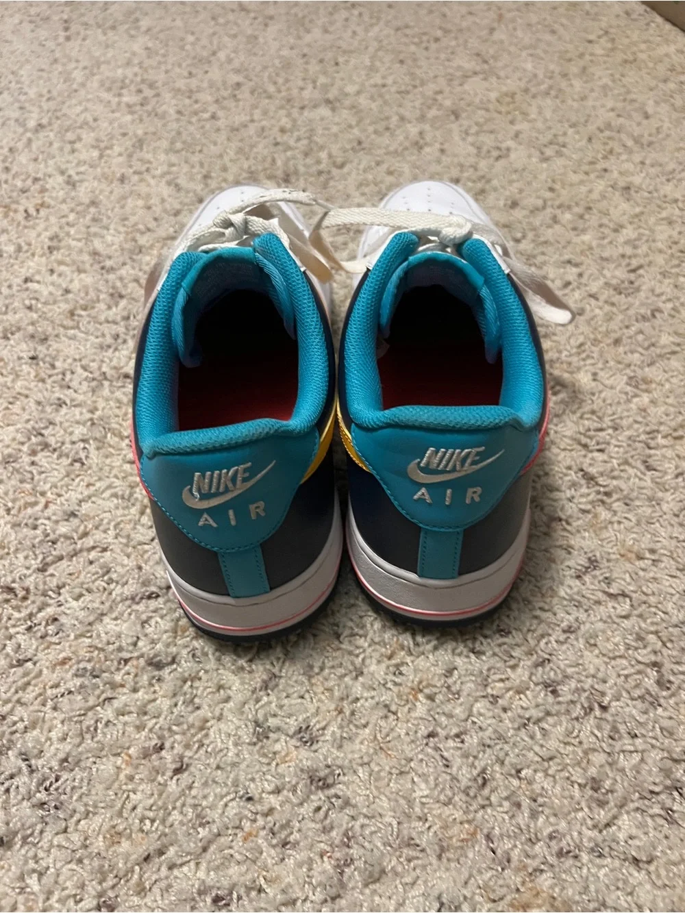 Nike Low-Top Air Force 1 - White with Pink & Yellow Swooshes, Teal Lining
