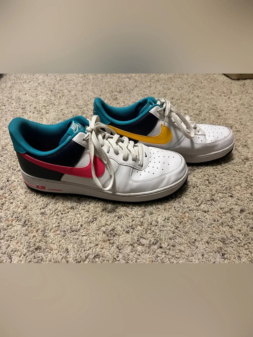 Nike Low-Top Air Force 1 - White with Pink & Yellow Swooshes, Teal Lining