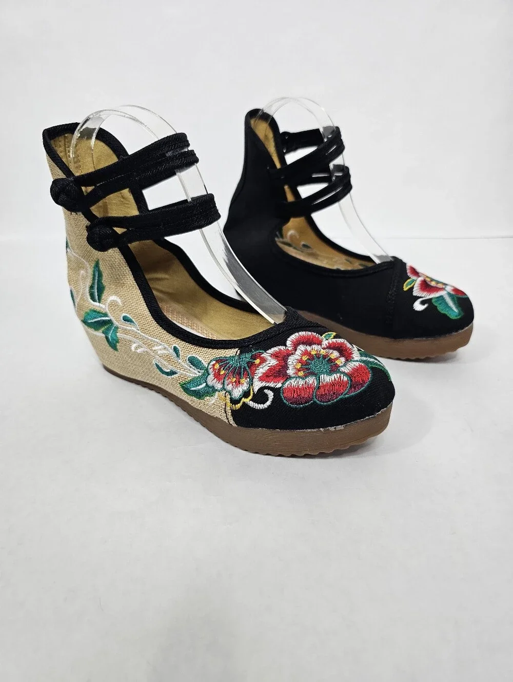 Chinese Floral Embroidered Wedge Mary Janes
