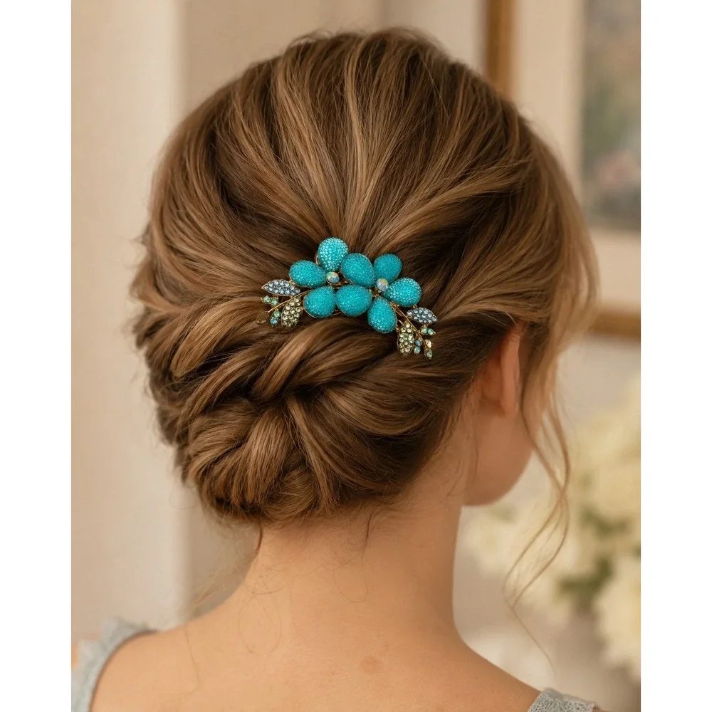 Gold Tone Turquoise Floral Rhinestone Hair Comb Crystal Leaf Bridal‎ Accessory