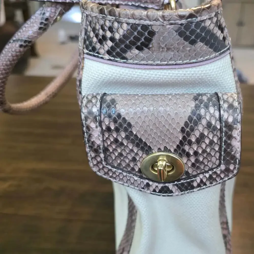 Coach Canvas and Snakeskin Trim Boxy Tote Handbag