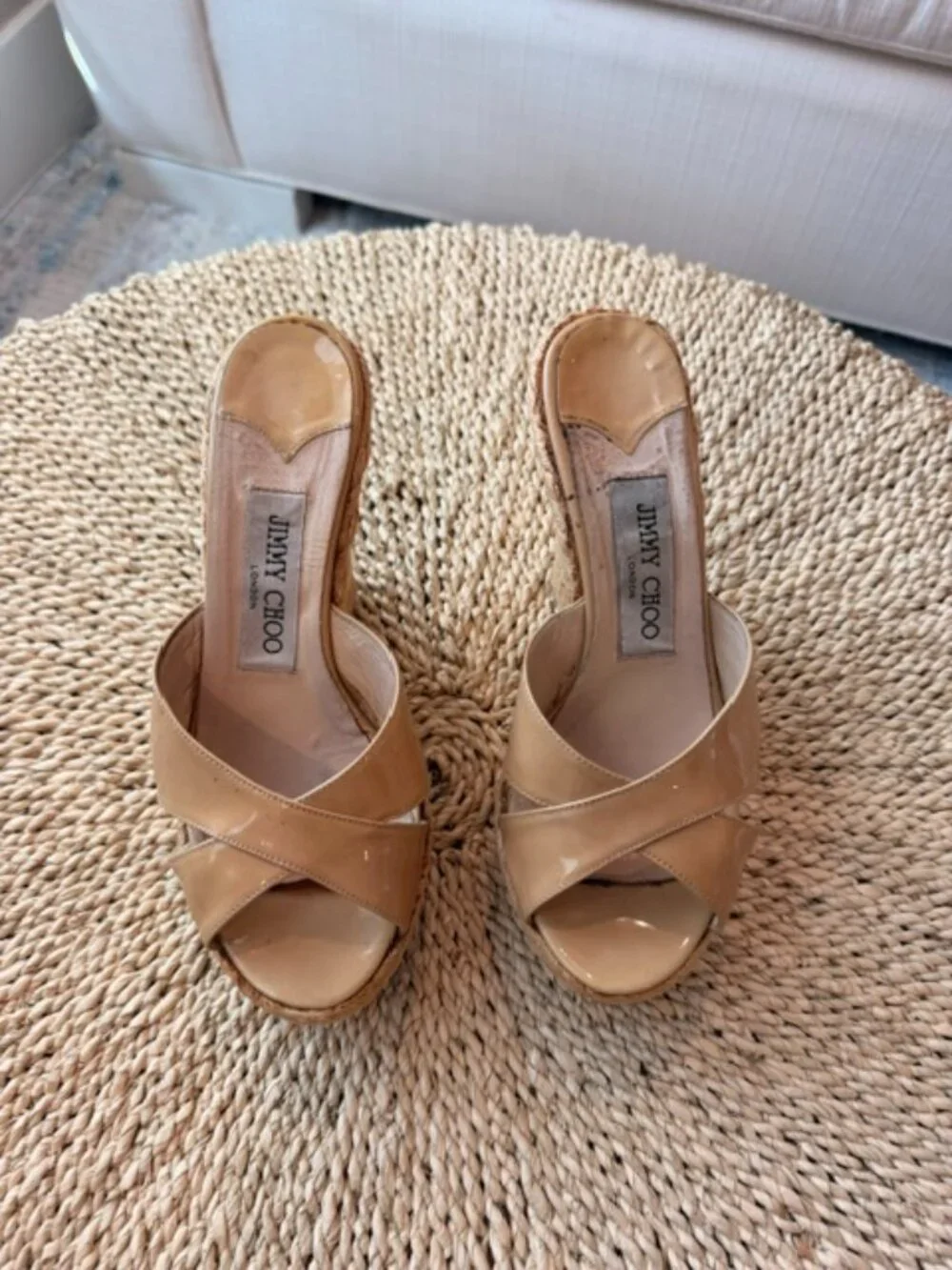 Jimmy Choo Tan Patent Leather Raffia Wedges, 35